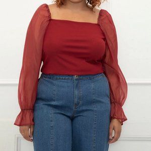 Plus Sz 26/28 Eloquii Red Long Organza Sleeve Top, NWT